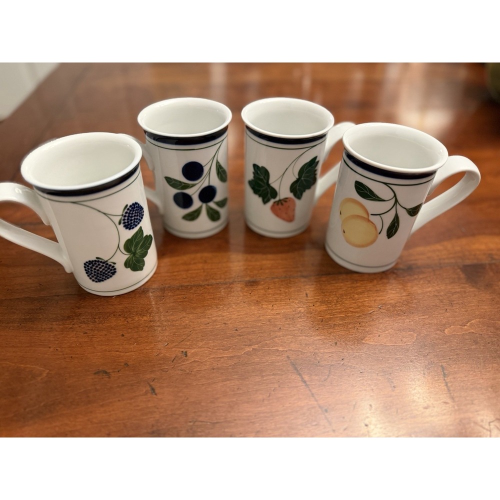Vintage Dansk Berries Tall Coffee Mugs - Set of 4 Assorted Fruit Patterns
